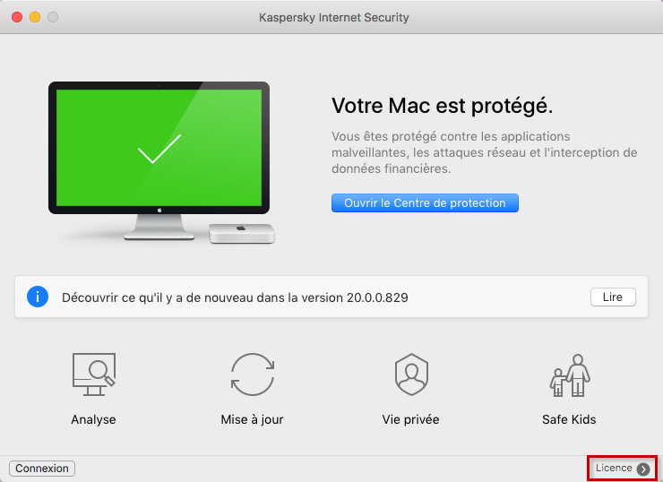 Accéder à l'activation depuis la fenêtre principale de Kaspersky Internet Security 20 for Mac