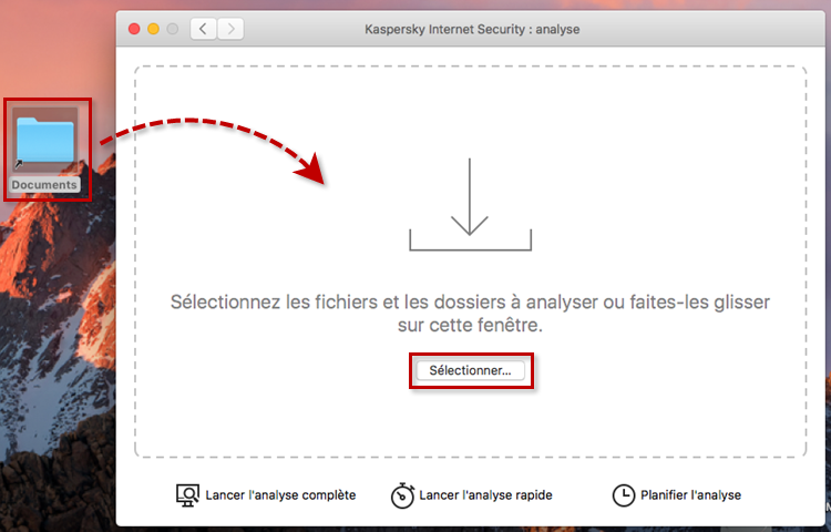 Lancer l'analyse d'un fichier ou d'un dossier dans Kaspersky Internet Security 20 for Mac