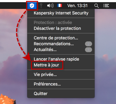 Lancer la mise à jour des bases de données antivirus de Kaspersky Internet Security for Mac depuis le menu contextuel de l'icône de l'application