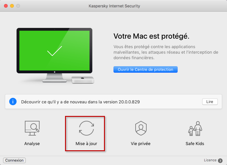 Lancer la mise à jour des bases de données antivirus de Kaspersky Internet Security 20 for Mac depuis la fenêtre principale de l'application