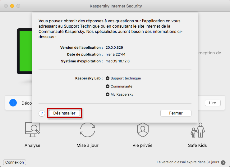 Désinstaller Kaspersky Internet Security 20 for Mac