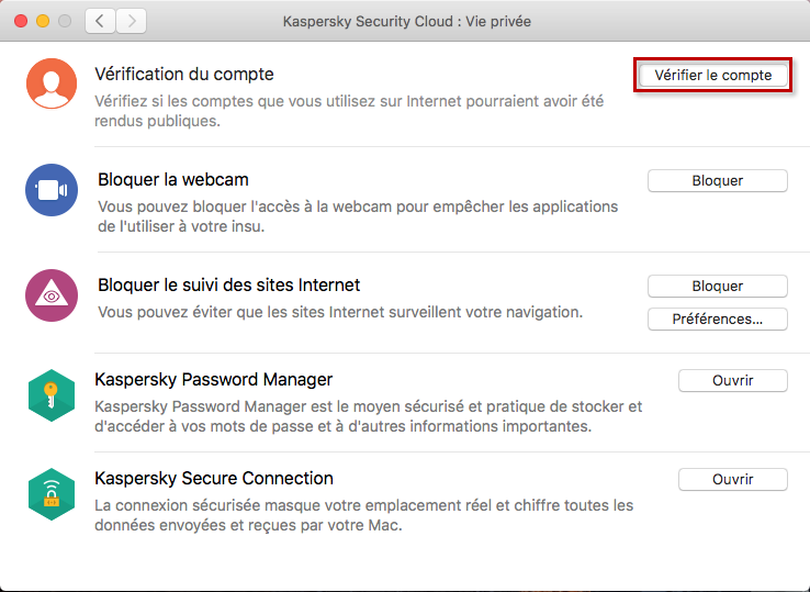 Accéder à la vérification d'un compte dans Kaspersky Security Cloud 20 for Mac
