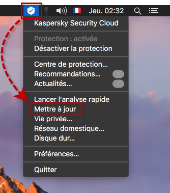 Lancer la mise à jour des bases de données antivirus de Kaspersky Security Cloud for Mac depuis le menu contextuel de l'icône de l'application