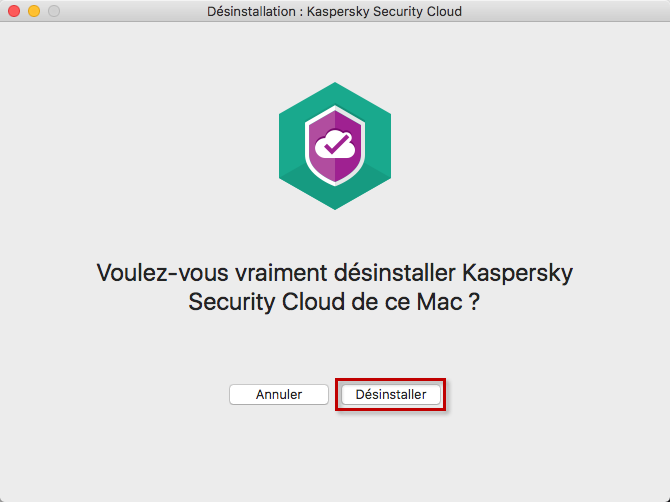 Confirmer la désinstallation de Kaspersky Security Cloud 20 for Mac