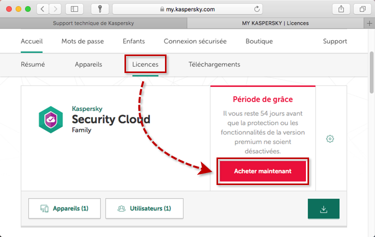 Passer au renouvellement de l'abonnement dans Kaspersky Security Cloud
