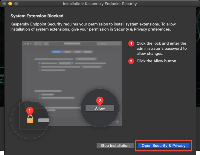Ouvrir Sécurité et Confidentialité pour autoriser l'installation des extensions système