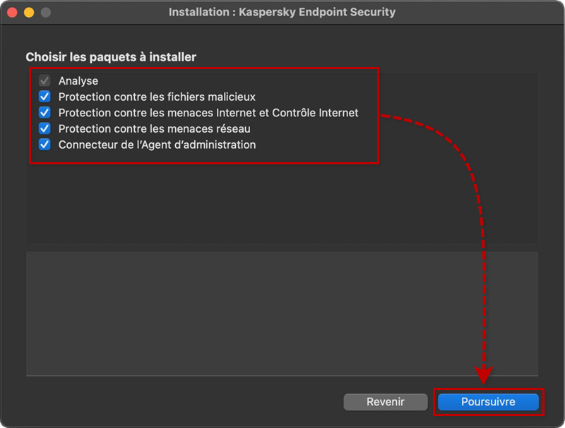 Sélectionner les modules de Kaspersky Endpoint Security 11 for Mac à installer