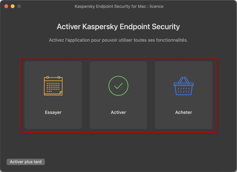 Sélectionner le mode d'activation de Kaspersky Endpoint Security 11 for Mac