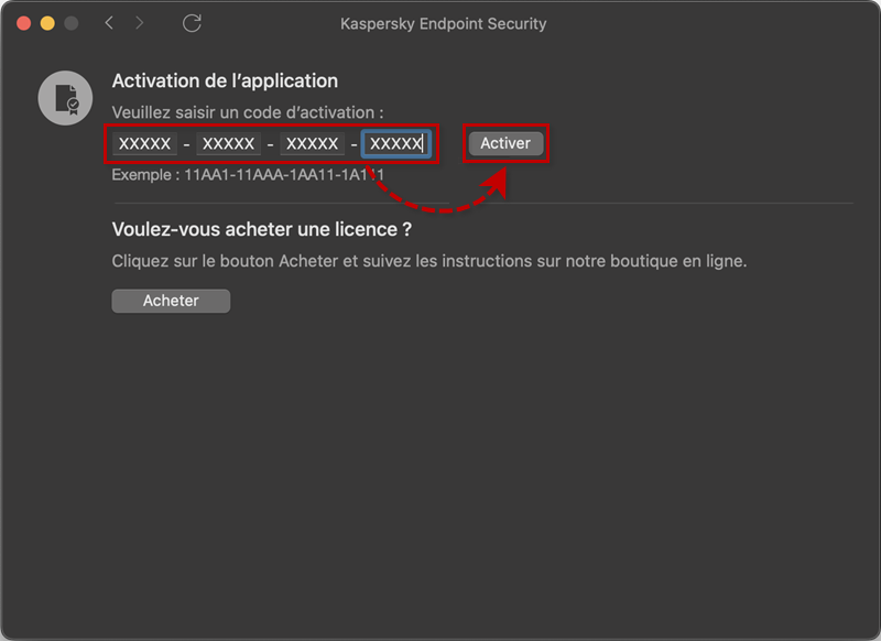 Entrer le code d'activation dans Kaspersky Endpoint Security 11 for Mac