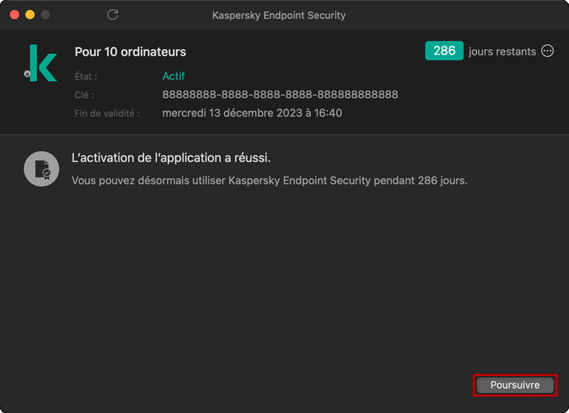 Confirmer l'activation de Kaspersky Endpoint Security 11 for Mac
