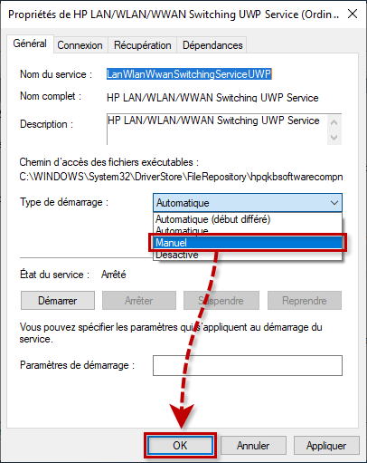 Modifier le type de démarrage du service HP LAN/WLAN/WWAN Switching UWP Service