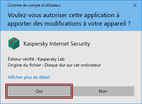 Autoriser l'installation de Kaspersky Internet Security dans la fenêtre du Contrôle de compte d'utilisateur