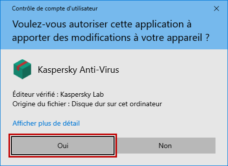 Autoriser l'installation de Kaspersky Anti-Virus dans la fenêtre du Contrôle de compte d'utilisateur