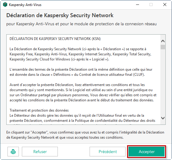 Choisir de participer ou ne pas participer au Kaspersky Security Network lors de l'installation de Kaspersky Anti-Virus