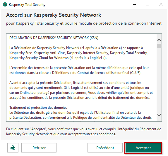 Choisir de participer ou ne pas participer au Kaspersky Security Network lors de l'installation de Kaspersky Total Security