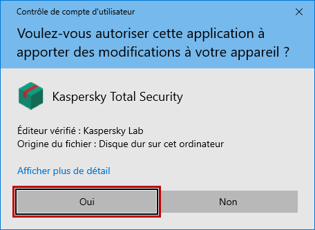 Autoriser l'installation de Kaspersky Total Security dans la fenêtre du Contrôle de compte d'utilisateur