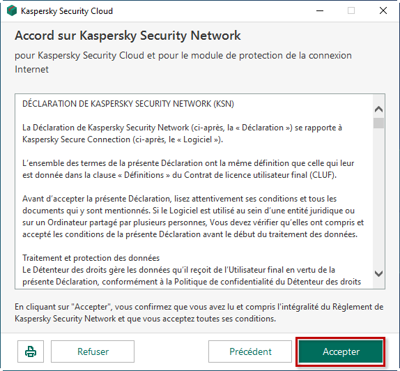 Choisir de participer ou ne pas participer au Kaspersky Security Network lors de l'installation de Kaspersky Security Cloud