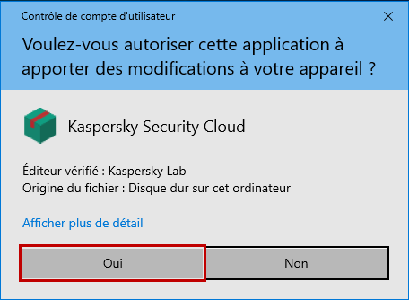 Autoriser l'installation de Kaspersky Security Cloud dans la fenêtre du Contrôle de compte d'utilisateur