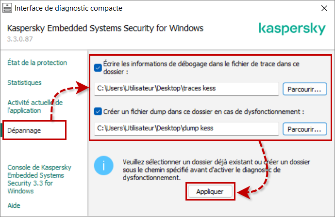 Configurer les paramètres des fichiers de traces et des fichiers dump de Kaspersky Embedded Systems Security.