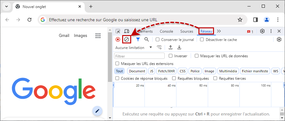Purger le journal réseau dans les outils de développement de Google Chrome et de Yandex Browser.