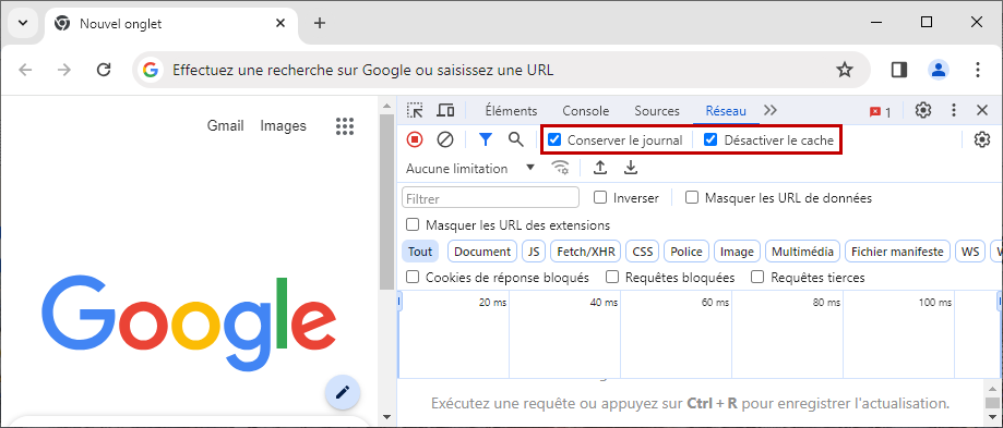 Préparatifs à l'enregistrement des fichiers HAR dans les outils de développement de Google Chrome et Yandex Browser.
