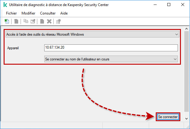 Connexion à un poste client distant à l'aide des outils du réseau Microsoft Windows dans l'utilitaire klactgui.