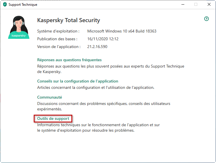 Accéder aux outils de support dans Kaspersky Total Security