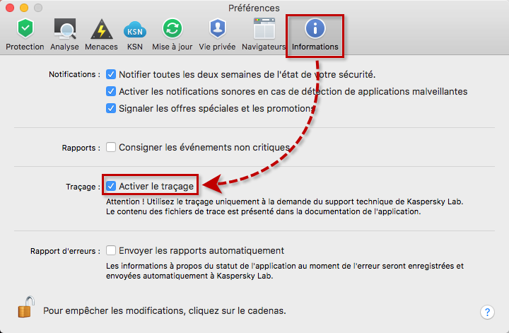 Activer le traçage de Kaspersky Internet Security for Mac