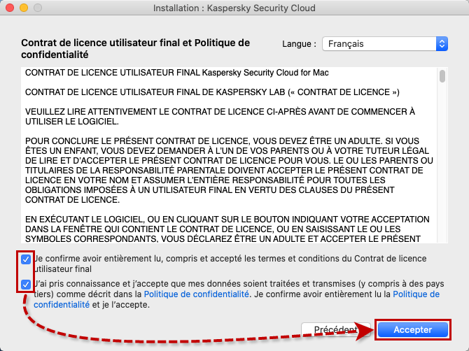 Accepter le contrat de licence et la Politique de confidentialité lors de l'installation de Kaspersky Security Cloud for Mac