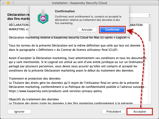 Accepter ou refuser le Règlement relatif au traitement de données à des fins de marketing lors de l'installation de Kaspersky Security Cloud for Mac