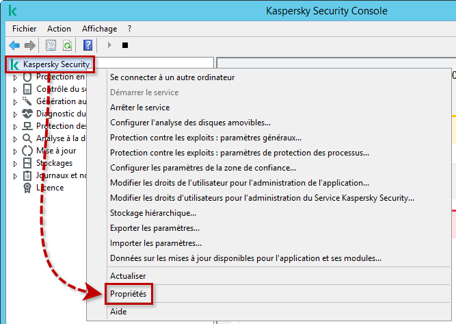 Ouvrir les propriétés du nœud Kaspersky Security