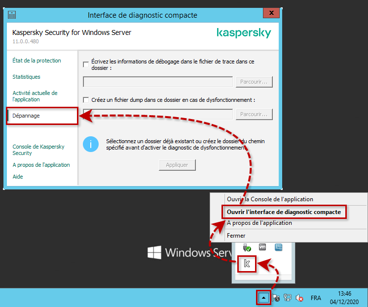 Accéder à la section Dépannage dans l'interface de diagnostic de Kaspersky Security 11.x for Windows Server