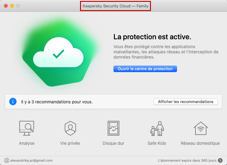 Fenêtre principale de Kaspersky Security Cloud for Mac