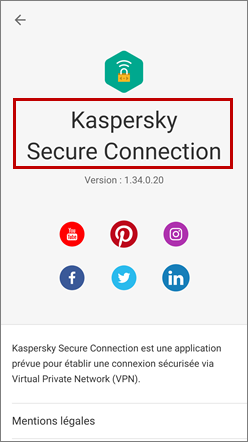 Fenêtre « À propos » dans Kaspersky Secure Connection for Android