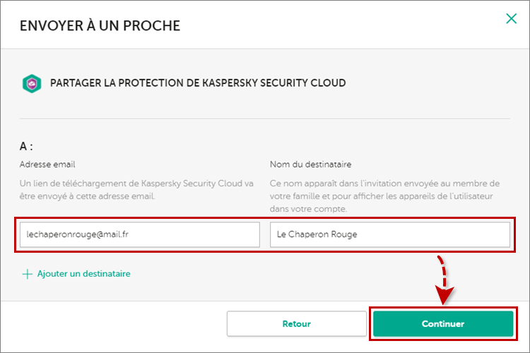 Entrer l'adresse email et le nom du destinataire pour lui envoyer l'abonnement de Kaspersky Security Cloud