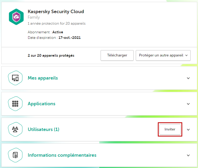 Inviter un utilisateur à utiliser Kaspersky Security Cloud avec votre licence