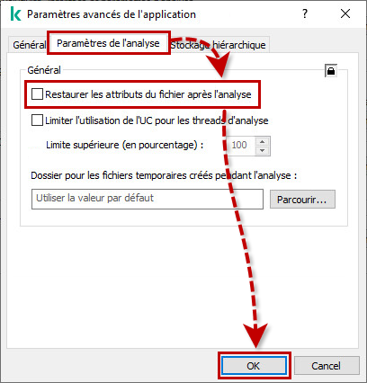 Désactiver l’option Restaurer les attributs du fichier après l’analyse dans Kaspersky Security for Windows Server.