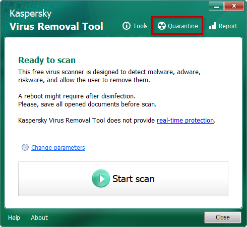 Ouvrir la quarantaine dans Kaspersky Virus Removal Tool 2020