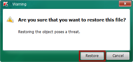 Confirmer la restauration d’un fichier depuis la quarantaine dans Kaspersky Virus Removal Tool 2020