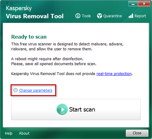 Ouvrir les paramètres pour modifier la zone d'analyse dans Kaspersky Virus Removal Tool