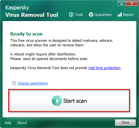 Lancer l'analyse de l'ordinateur à l'aide de Kaspersky Virus Removal Tool