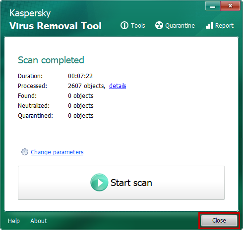 Quitter Kaspersky Virus Removal Tool