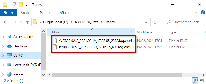 Emplacement du fichier de traces créé de Kaspersky Virus Removal Tool