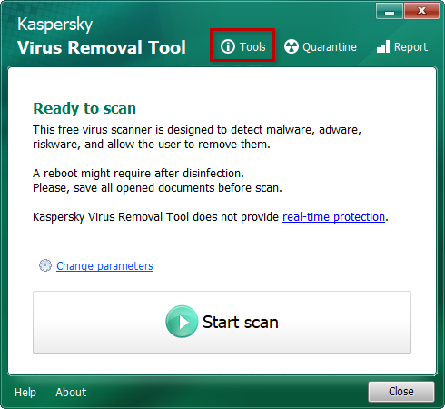 Ouvrir les outils dans Kaspersky Virus Removal Tool