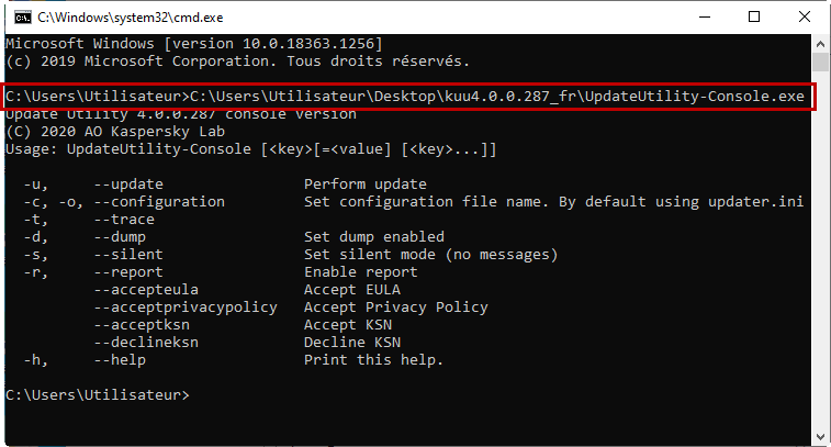 Lancer la version console de Kaspersky Update Utility 4.0