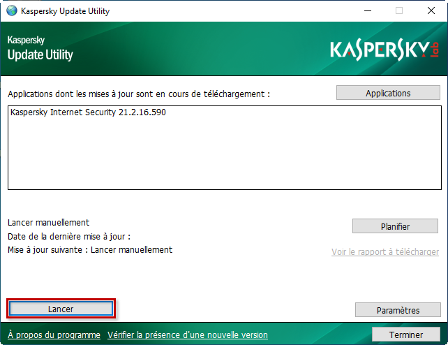 Lancer le téléchargement des mises à jour dans Kaspersky Update Utility 4.0