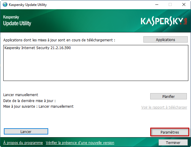 Accéder aux paramètres de Kaspersky Update Utility 4.0