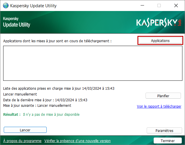 Accéder à la choix des applications dans Kaspersky Update Utility 4.0