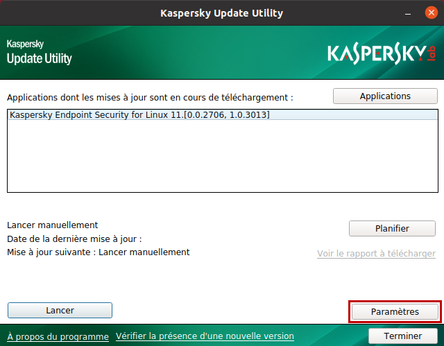 Accéder aux paramètres de Kaspersky Update Utility