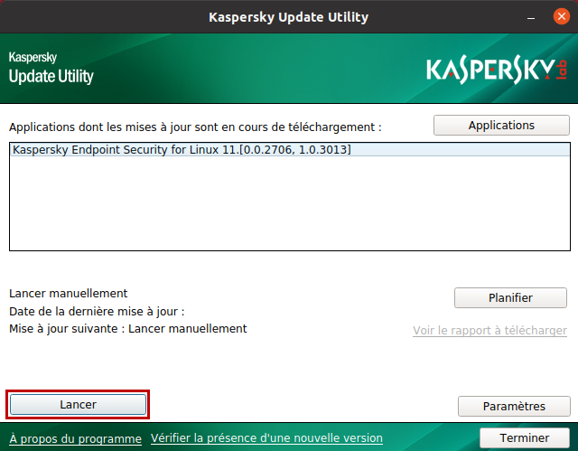 Lancer le téléchargement des mises à jour dans Kaspersky Update Utility
